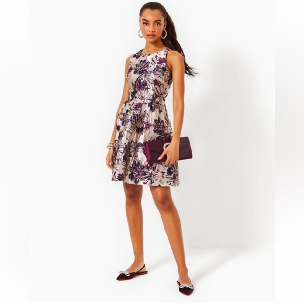 Lilly Pulitzer Jollian Metallic Jacquard Floral Fit & Flare Dress - Size 14